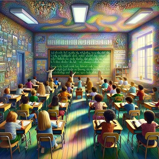 A whimsical, colorful illustration of a classroom with a chalkboard filled with spelling words, children studying, and a bright atmosphere that encourages learning.