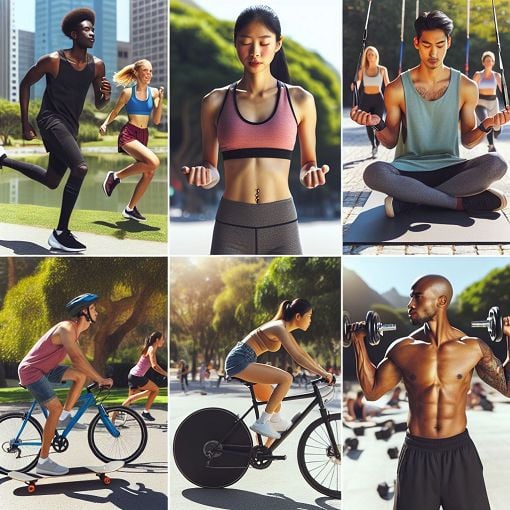 Generate an image of a diverse group of people engaging in various fitness activities outdoors, showcasing wellness and healthy lifestyles.