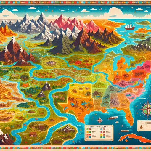 A vibrant map showcasing the different administrative and natural regions of a country, highlighting features like mountains, rivers, and towns, with an educational theme.