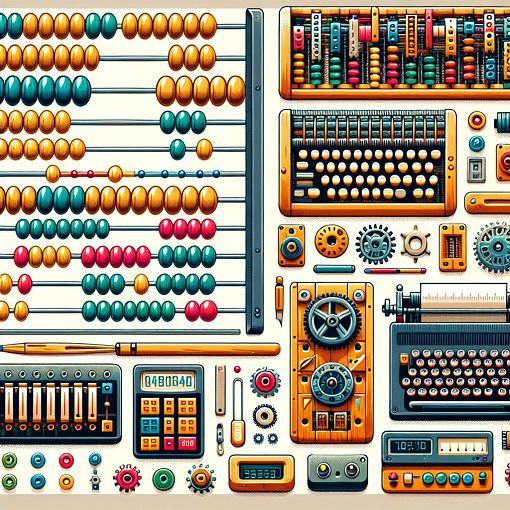 An educational illustration depicting the evolution of computing devices such as the abacus, Pascaline, and early computers, in a colorful and kid-friendly style.