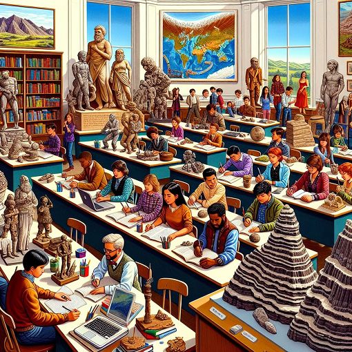 A vibrant classroom setting with diverse students studying social dynamics, historical artifacts on display, and geological models in the background, emphasizing the intersection of social studies and natural sciences.