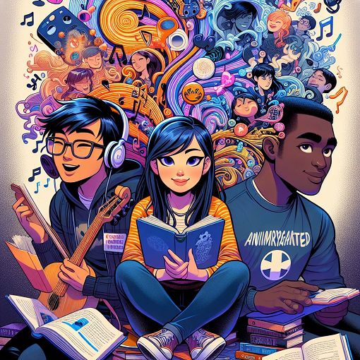 A colorful and engaging illustration showing three friends with different interests surrounded by symbols of their favorite hobbies, such as music notes, books, and cartoon character icons, in a vibrant and playful style.