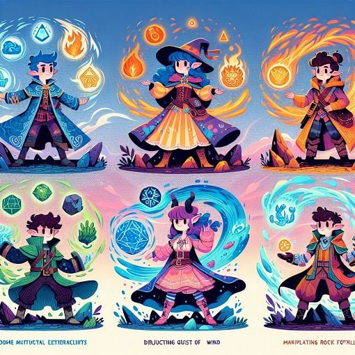 A colorful and whimsical illustration of various Genshin Impact characters set against a vibrant fantasy landscape, showcasing elemental powers and unique personality traits.