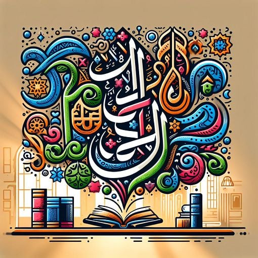 A vibrant image showcasing Arabic calligraphy combined with elements of Quranic recitation, symbolizing Tajweed concepts and practice, featuring a serene study environment.