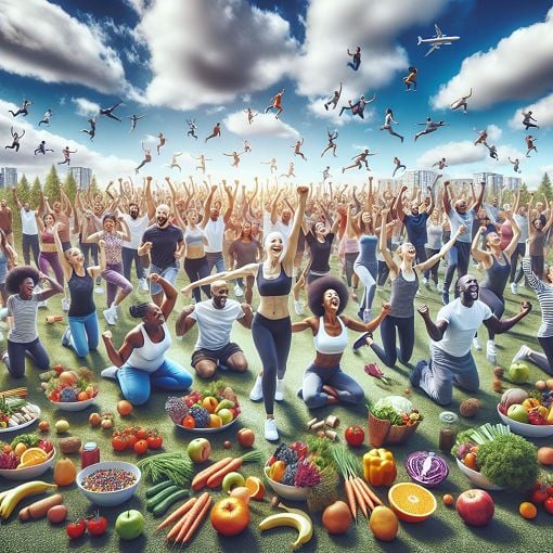 A vibrant, energetic scene showing a group of diverse people exercising together outdoors, with fruits and vegetables displayed around them, symbolizing fitness and healthy eating. The atmosphere should be lively and motivational.