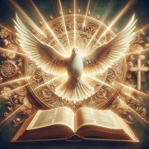 A serene and inspirational illustration depicting the Holy Spirit as a dove with rays of light, surrounded by symbols of faith, such as a cross and open Bible, creating a peaceful and engaging atmosphere.