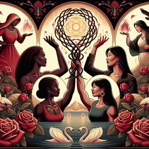 A vibrant image depicting women of diverse backgrounds in a united and empowering setting, symbolizing sisterhood, education, and strength, with elements like roses and swans in the background.