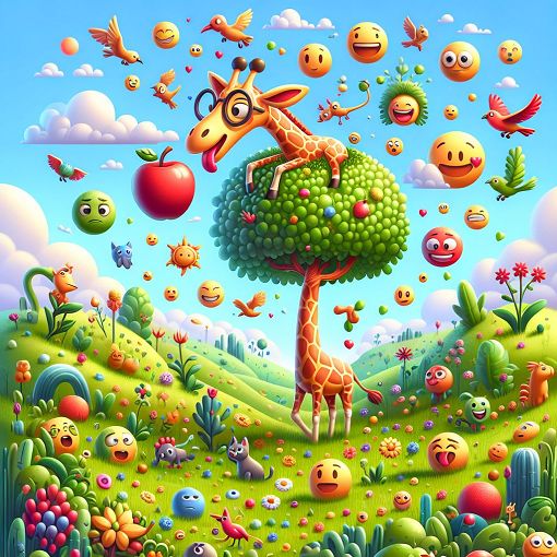 Create a whimsical and colorful illustration of a quirky animal surrounded by various plants and emojis, all set in a vibrant, cartoonish landscape that exudes fun and chaos.