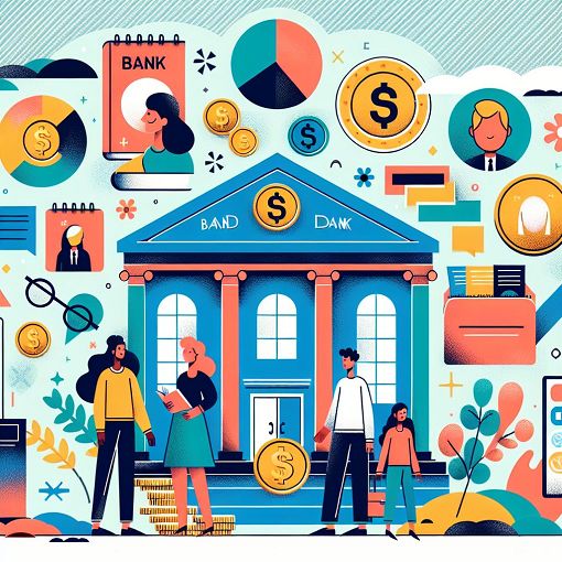 A vibrant and engaging illustration of a financial quiz theme, featuring bank accounts, money, and icons representing financial literacy, set against a backdrop of a friendly financial services environment.