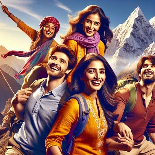 A vibrant Bollywood-themed image depicting friends enjoying a trip in the mountains, with hints of romance and adventure.