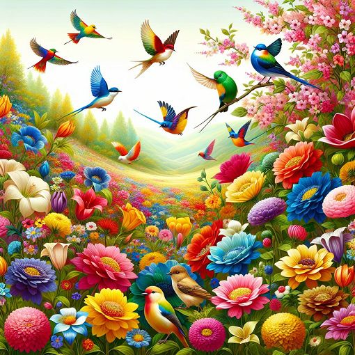 A vibrant spring landscape with blooming flowers, colorful birds, and a sunny sky, symbolizing joy and renewal in nature.