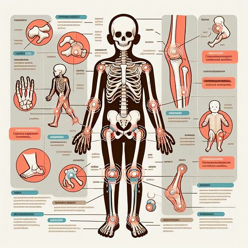 An educational illustration depicting various musculoskeletal conditions in children, including diagrams of bones, joints, and related injuries, in an infographic style.