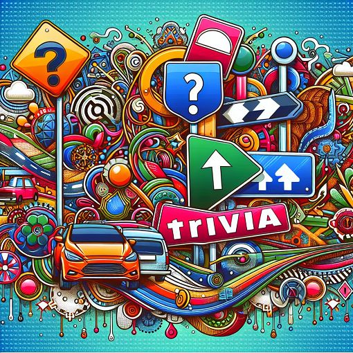 A colorful illustration of road signs, traffic symbols, a car, and various trivia elements set against a vibrant background, symbolizing a quiz challenge.