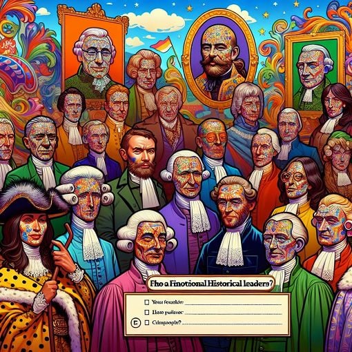 A whimsical illustration depicting various historical dictators' caricatures with a playful, colorful background, engaging and inviting atmosphere, suitable for a personality quiz.