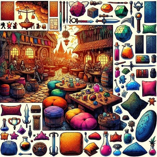 A vibrant and colorful illustration depicting various in-game items and characters from a fantasy RPG, showing a fantasy tavern setting with pillows decorated around the scene.