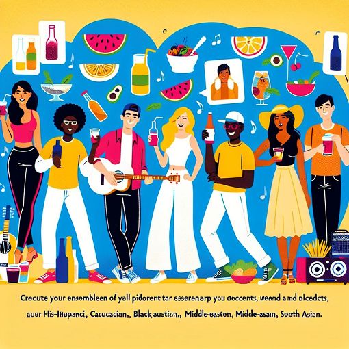 A vibrant, playful illustration featuring diverse characters representing different personalities, with quirky backgrounds that reflect weekend activities, food, and music preferences.