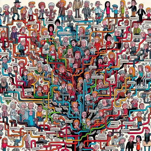 A whimsical illustration depicting a chaotic family tree with connections between quirky characters, intertwining historical figures, and vibrant colors, representing relationships in a humorous and engaging way.