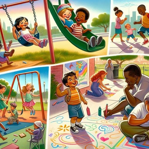 A vibrant and engaging illustration of a diverse group of children playing together in a park, showcasing various personalities and interactions, with a parent observing thoughtfully.