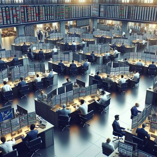 Create an image of a bustling Forex trading floor with digital screens displaying currency prices and traders actively monitoring charts.