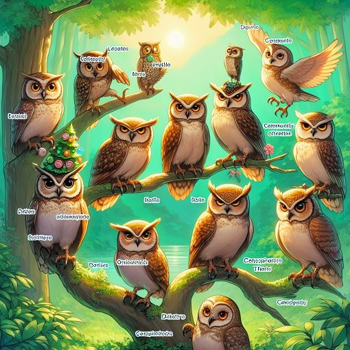 A whimsical illustration of owls in various poses, surrounded by nature, with elements of humor and mystery, showcasing their personality traits and conspiracy theories.