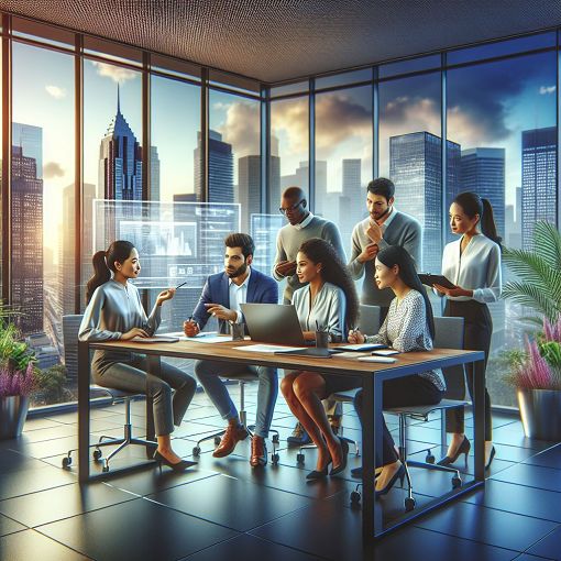 Create an image depicting a modern corporate office environment, showcasing teamwork and collaboration, with a focus on the tech industry, in vibrant colors.