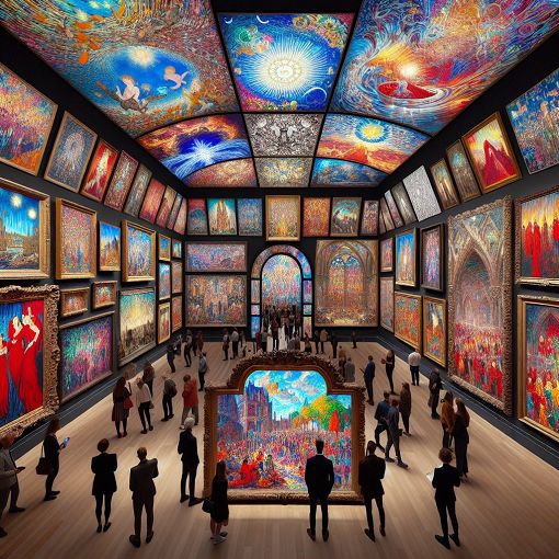 A stunning gallery of famous artworks, blending styles from various art movements, with a modern twist and vibrant colors.