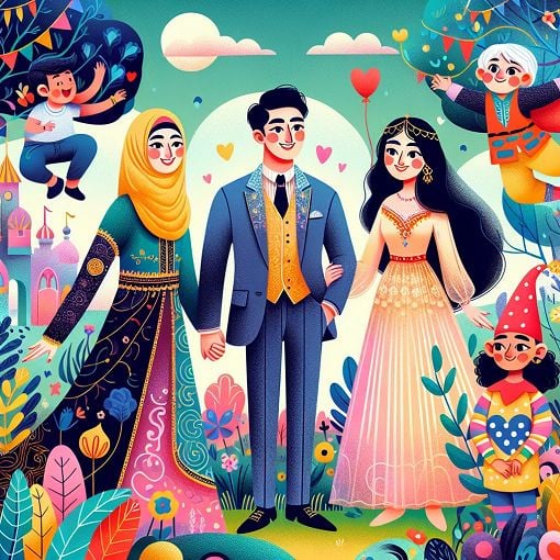 A whimsical and colorful illustration of a romantic outdoor scene featuring a group of diverse, fictional characters representing different personalities and styles, surrounded by nature and playful elements, evoking a sense of fun and fantasy.