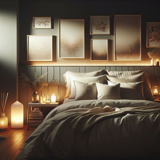 Create a serene bedroom scene featuring a cozy bed, soft lighting, and calming elements, suggesting a restful sleep atmosphere.