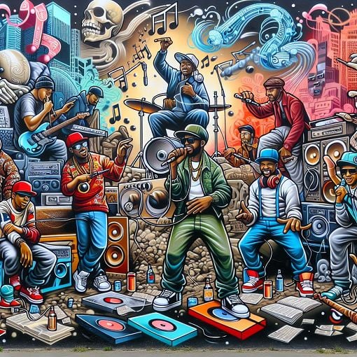 A vibrant street art mural featuring famous rap artists and symbols of hip-hop culture, showcasing graffiti styles and urban life.