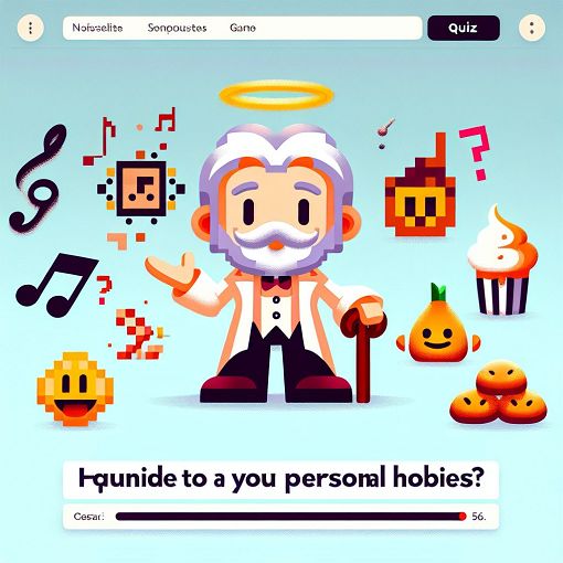 Create an illustration of a fun and colorful quiz landing page with elements that represent personal interests like music, video games, and food, possibly incorporating a cartoon character resembling a quiz master with a friendly expression.