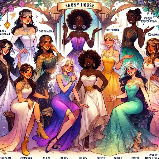 A vibrant and colorful illustration of diverse female characters in fantasy-inspired attire representing the Ebony House theme, showcasing their personality traits and spirit animals, set in a whimsical environment.