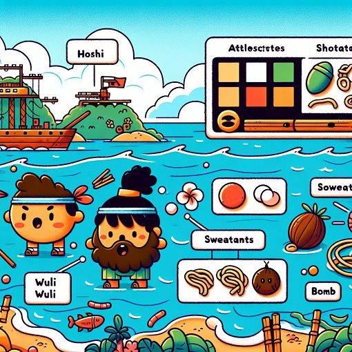 A vibrant and whimsical illustration of an ocean landscape with playful characters representing Hoshi and Wuli Wuli, incorporating noodles, coconut bombs, and sweatbands, in a cartoon style.