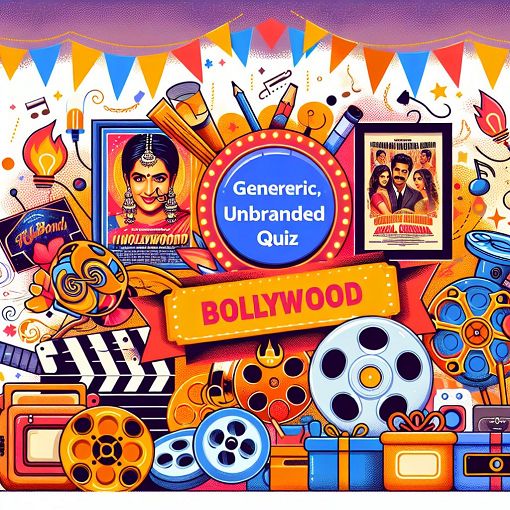 A vibrant and colorful Bollywood-themed quiz image featuring iconic movie posters and elements of Indian cinema, with an inviting quiz interface and eye-catching visuals.