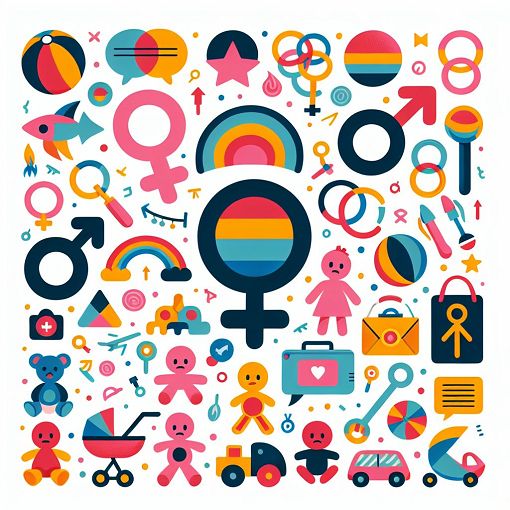 A colorful illustration showcasing various gender symbols, toys, and communication elements, highlighting diversity and gender roles in society.