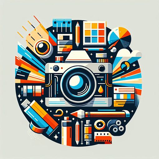 Create an artistic representation of a camera with various photography elements, surrounded by light, color palettes, and film rolls, in a modern digital style.