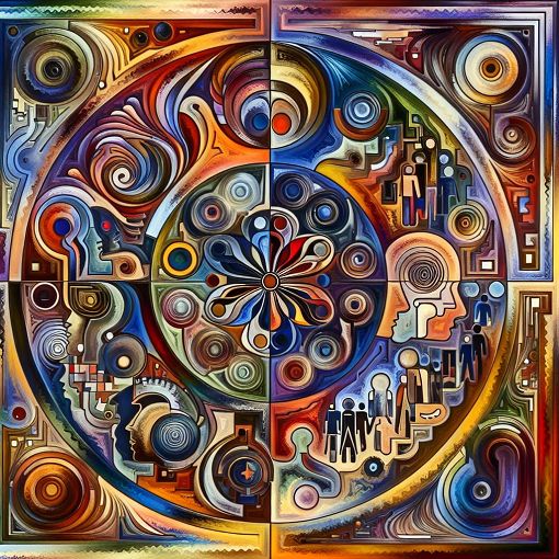 A visually engaging image depicting abstract representations of personality traits, psychological concepts, and famous psychologists in a colorful and artistic style.