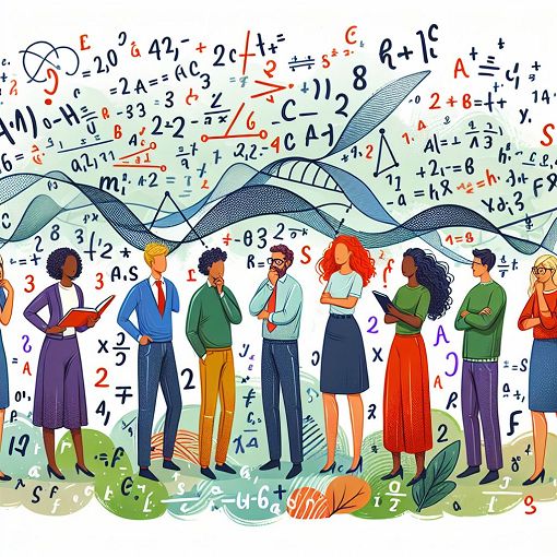 A whimsical illustration of famous mathematicians surrounded by calculus symbols and equations, depicting the fun and engaging spirit of a math quiz.