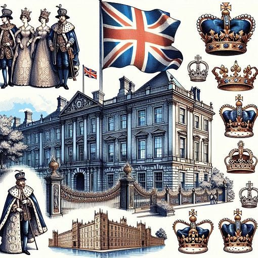 Create an illustration of the British Royal Family surrounded by symbols of British culture, such as the Union Jack, royal crowns, and iconic landmarks like Buckingham Palace.