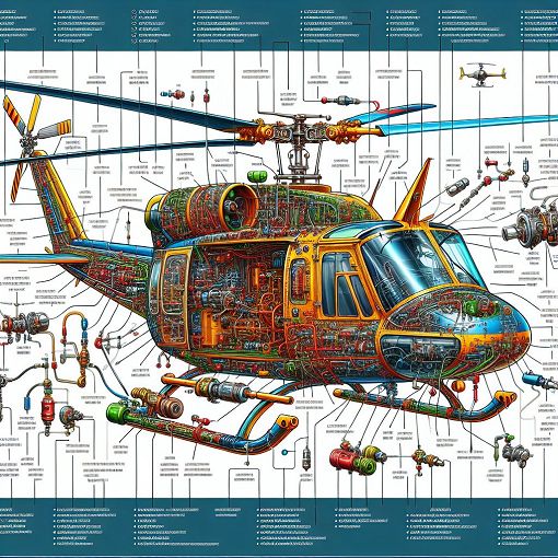 A detailed diagram of hydraulic components in a Bell 206 helicopter, showcasing each part with labeled arrows and annotations, in vibrant colors and a clear layout.