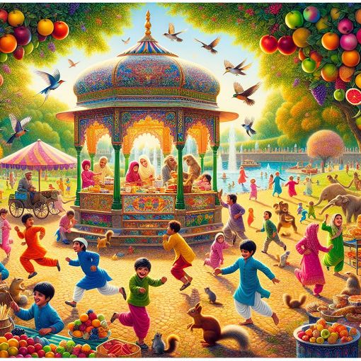 Create a colorful and engaging scene featuring a park with children playing, animals around, a gazebo with fruit on top, and a man selling food, all set in a vibrant summer day.