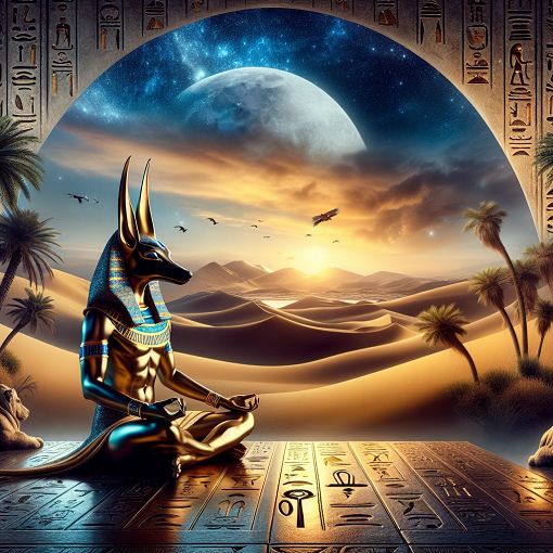 A mystical scene depicting a character representing Anubis surrounded by ancient Egyptian motifs, including the Ankh symbol, hieroglyphics, and a lush desert landscape under a starry sky.