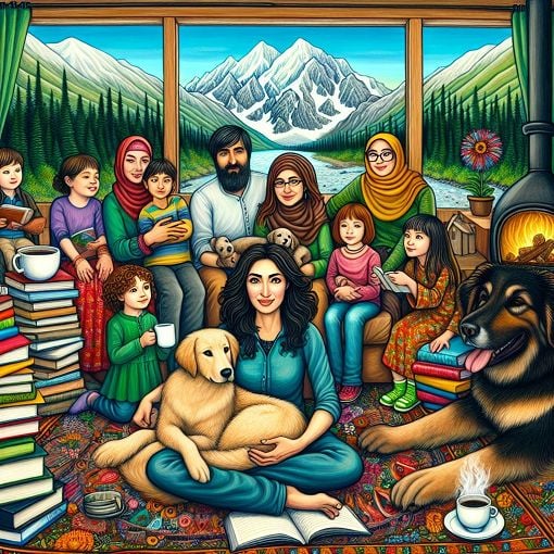 A whimsical and colorful illustration of a woman surrounded by her family, books, coffee, and a grand-dog, with elements representing Alaska, such as mountains and nature.