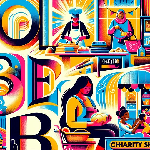 A colorful, playful illustration of various fonts interacting with different business types, such as a bakery, charity shop, and children's nursery, set against a vibrant background.