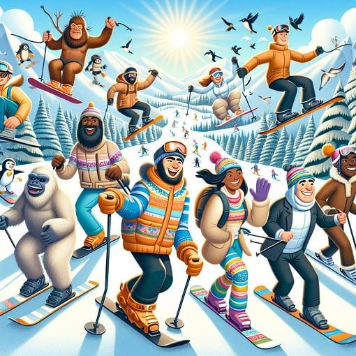 A vibrant and playful illustration showcasing skiers and snowboarders enjoying a sunlit snow-covered slope, with humorous elements like funny characters and quirky gear, all set against a beautiful winter landscape.