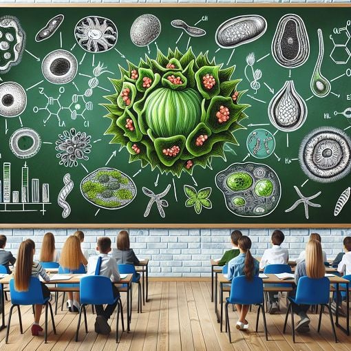 A vibrant illustration depicting various unicellular organisms, plant cells with chloroplasts, and a diagram of photosynthesis and respiration processes, set in an educational environment.