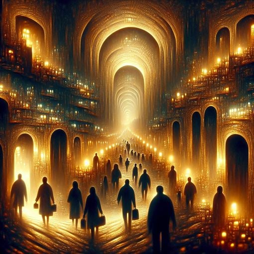 A fantasy illustration of an underground city with dim lights and people navigating through dark streets, inspired by the themes of the City of Ember.