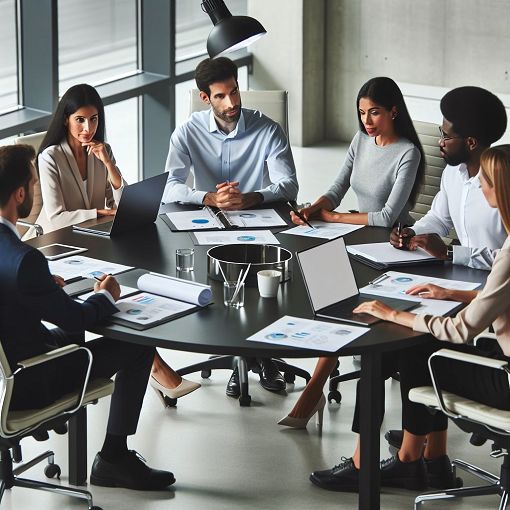 Create an image depicting a diverse group of employees sitting at a round table discussing company policies with a laptop and documents in front of them, in a modern office setting.