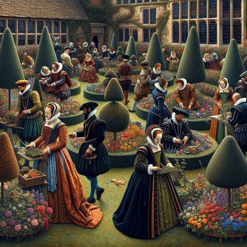 A detailed Tudor-era scene showcasing lords, gardens, traditional clothing, and daily life activities in a historical setting