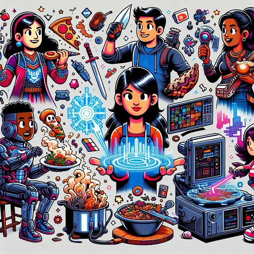 A vibrant and humorous illustration depicting different quirky characters representing various personalities, with elements related to gaming, food, and tech culture.