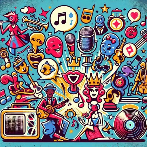 A colorful and playful illustration depicting elements of Queen's music, the Cumtown group chat vibe, and various quirky characters. Incorporate music notes, iconic imagery from Queen, and a cartoonish style to reflect engagement and fun.